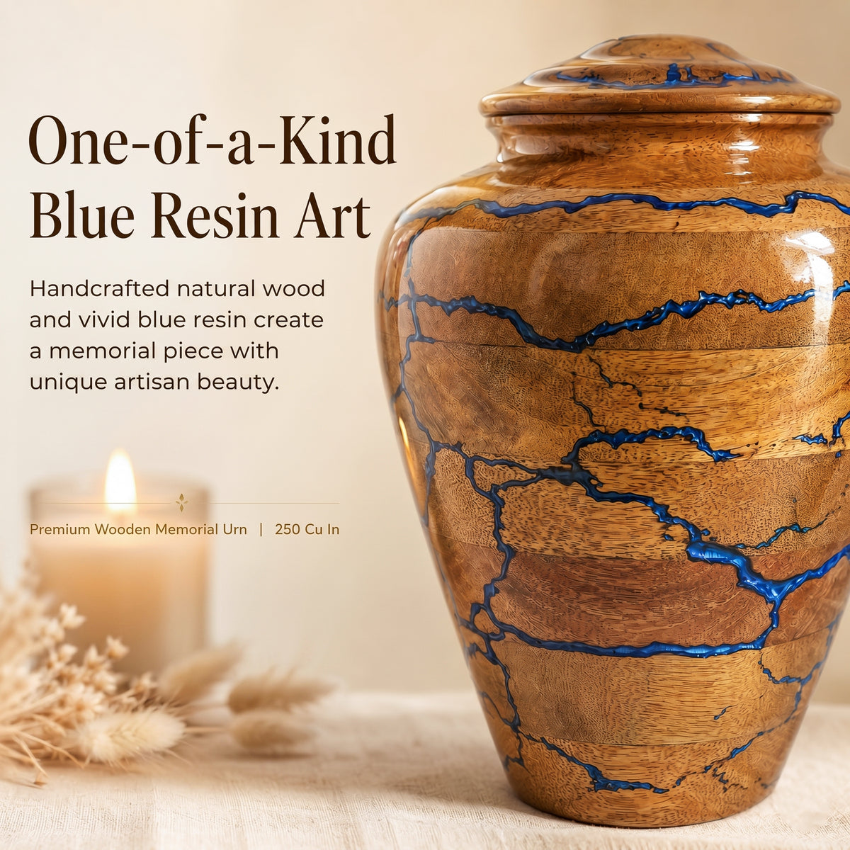 Extra-large adult wood and blue resin cremation urn for ashes