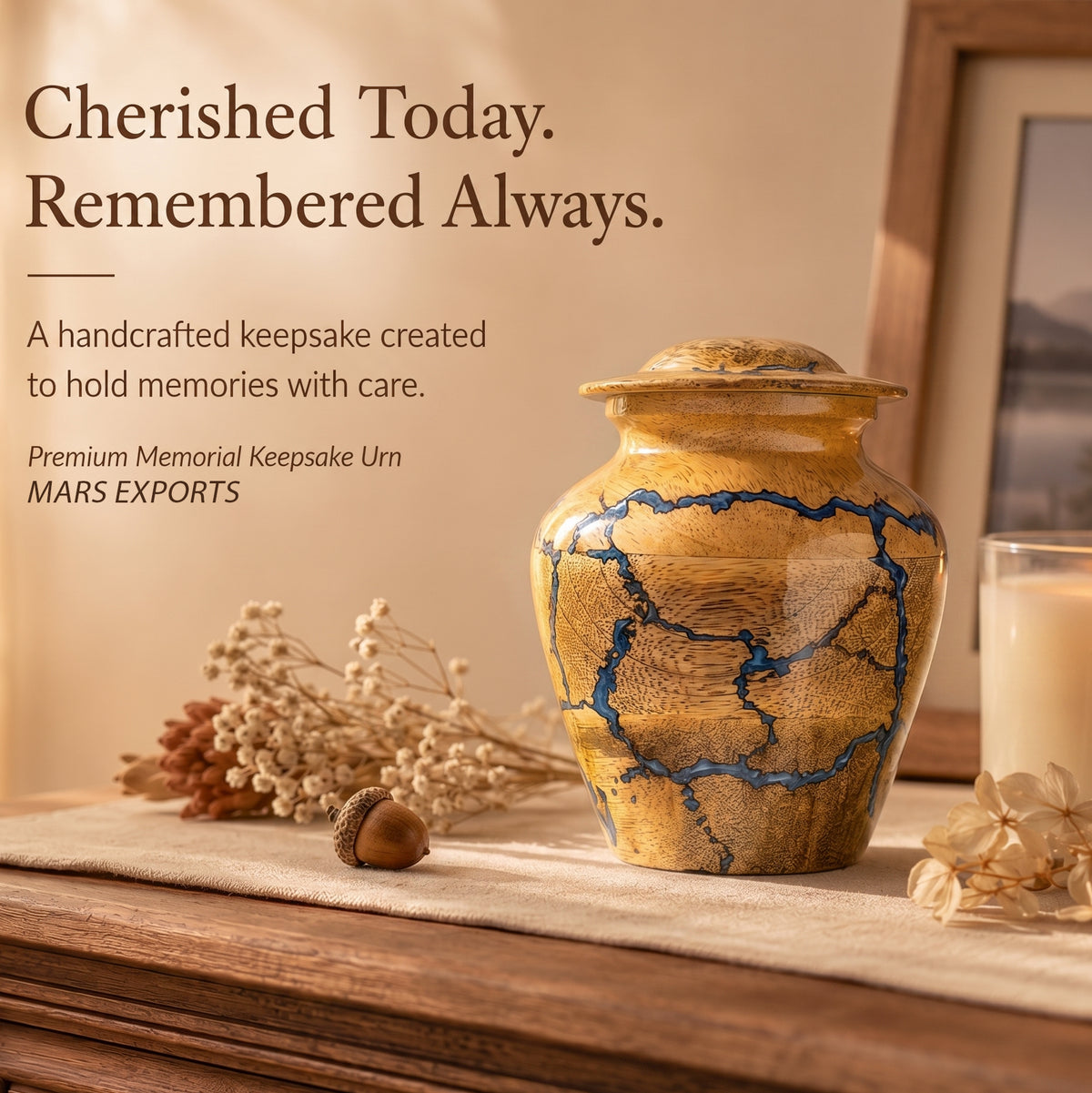 Close-up of handcrafted blue resin detail on mango wood urn