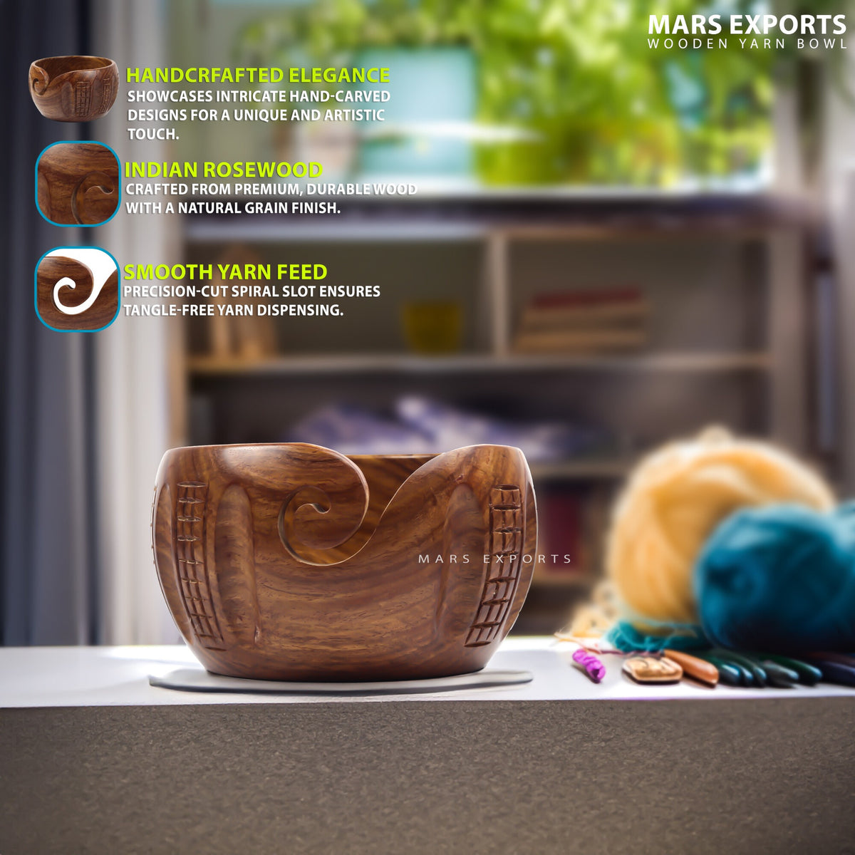 Hand-Carved Indian Rosewood Yarn Bowl for Knitting & Crochet – 7 × 4 in