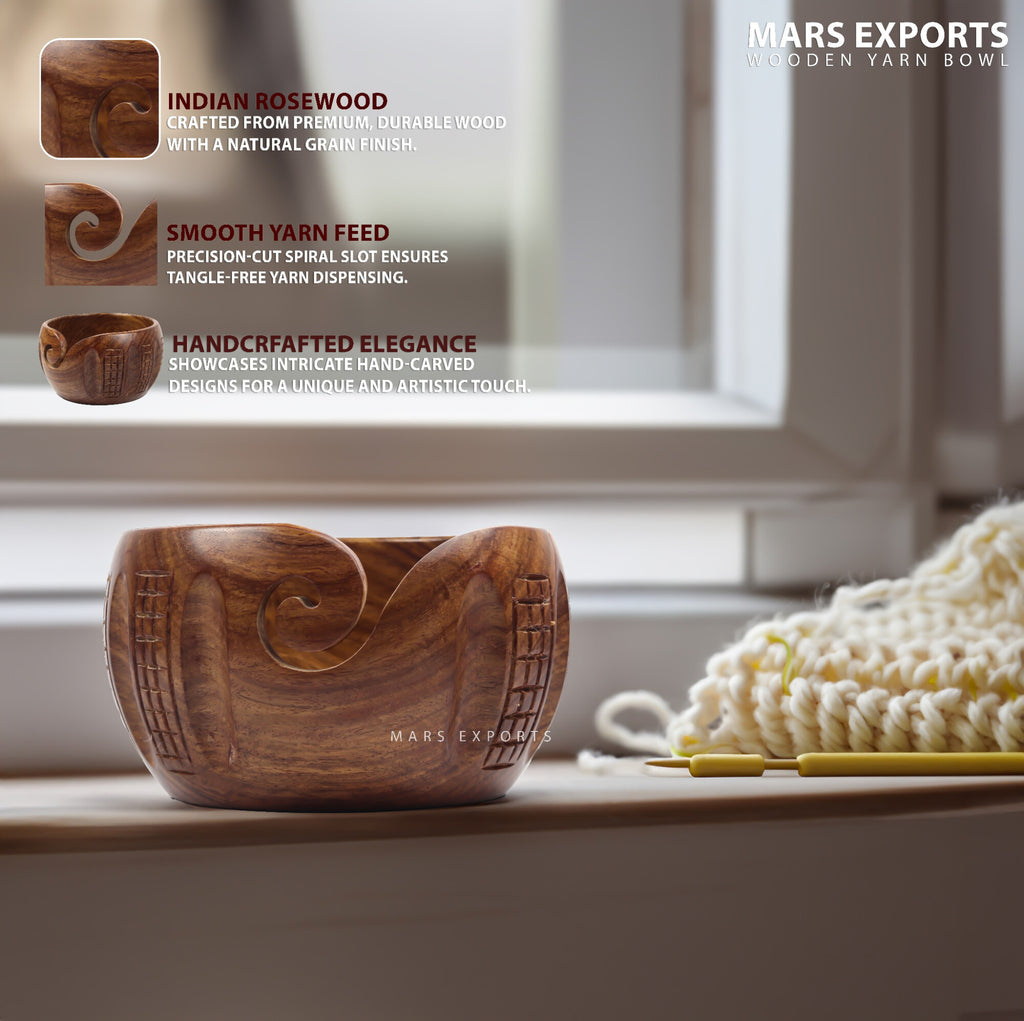 Hand-Carved Indian Rosewood Yarn Bowl for Knitting & Crochet – 7 × 4 in