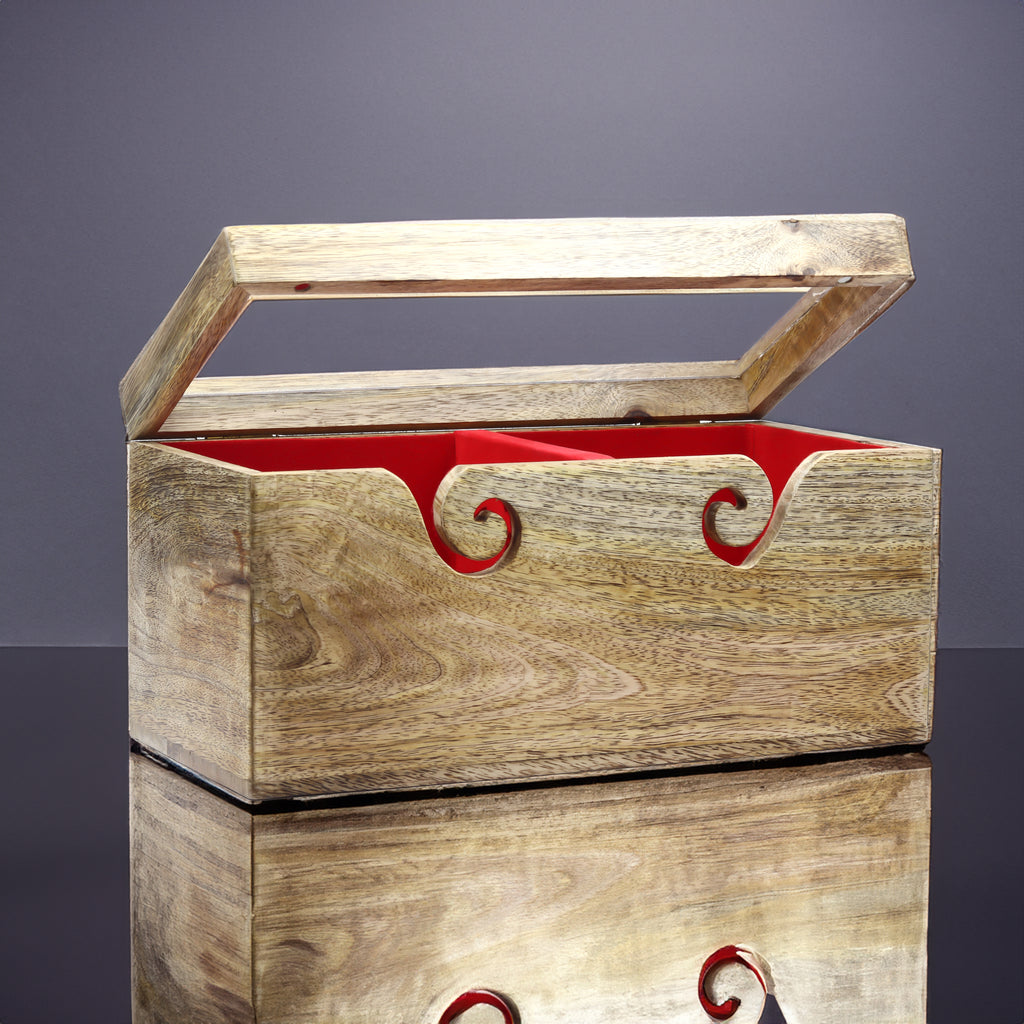 Square wooden dual yarn bowl for two yarn balls, approximately 12 × 6 × 6 inches
