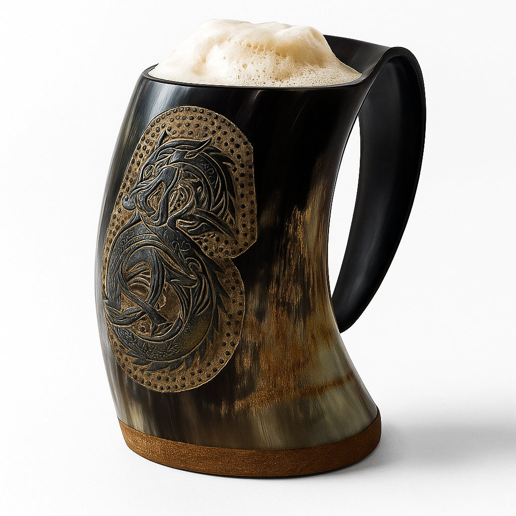 Large 28 oz dragon Viking natural ox horn mug – product view 1