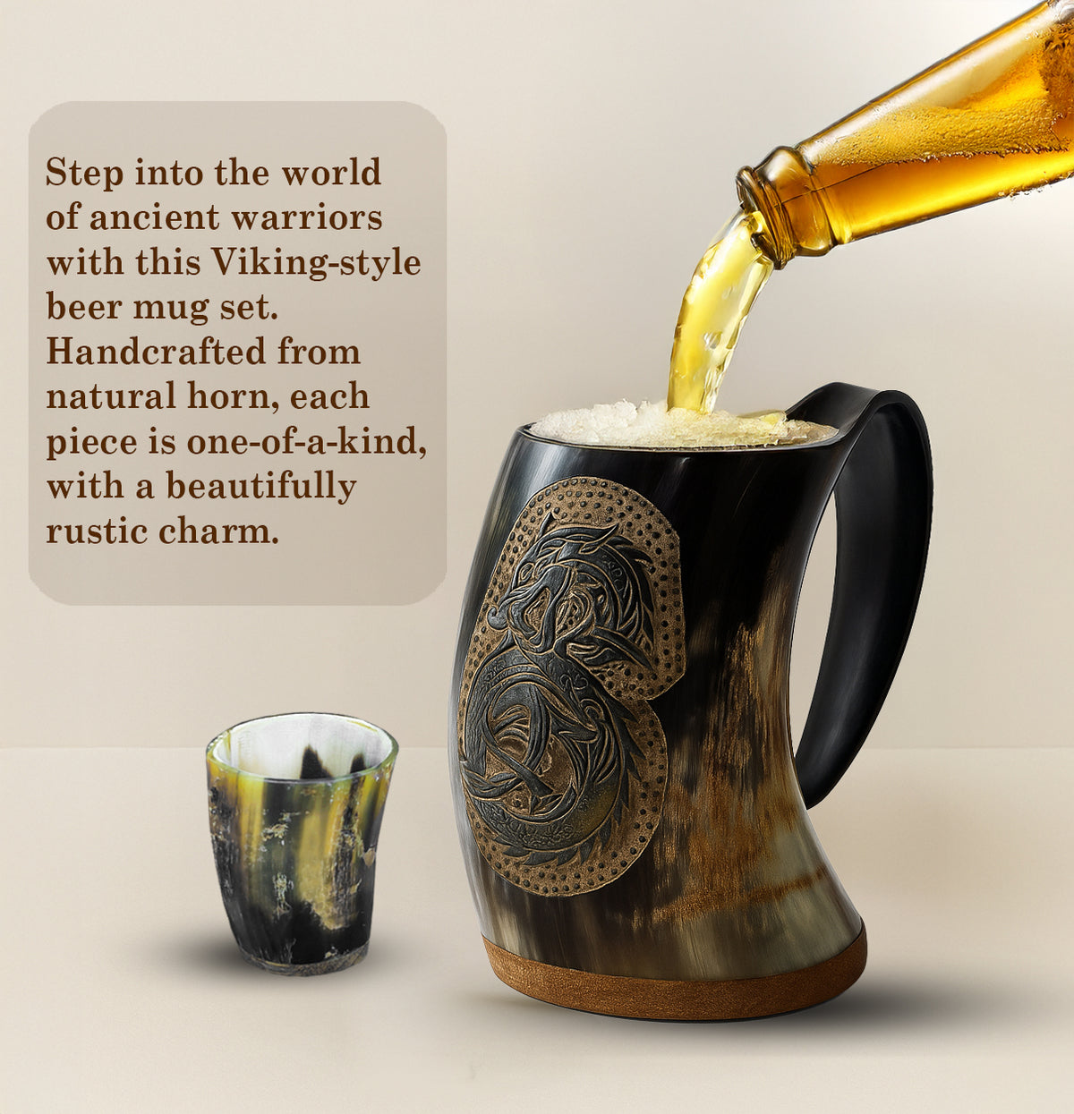 Large 28 oz dragon Viking natural ox horn mug – product view 2