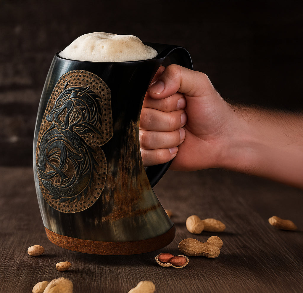Large 28 oz dragon Viking natural ox horn mug – product view 3