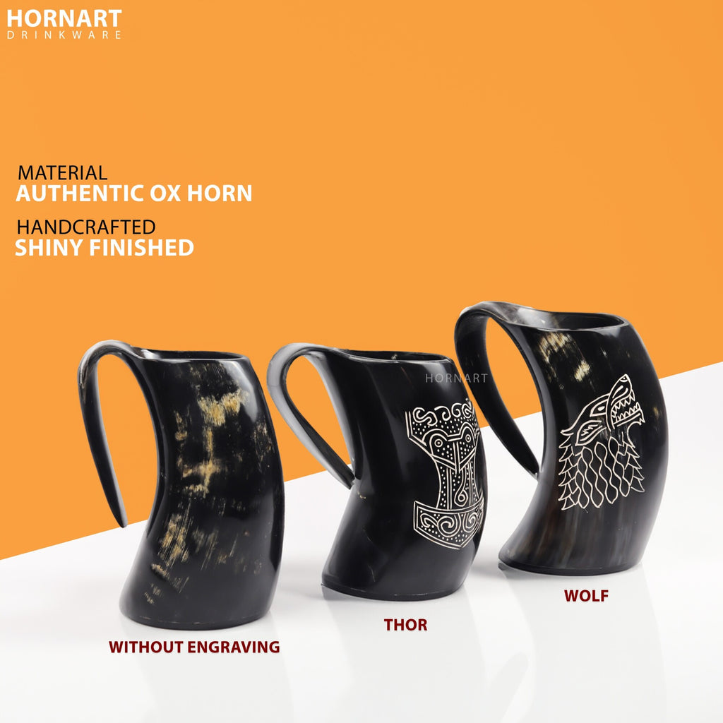 Natural Ox Horn Thor Viking Mug Set with Shot Glass & Bottle Opener – 16–20 oz