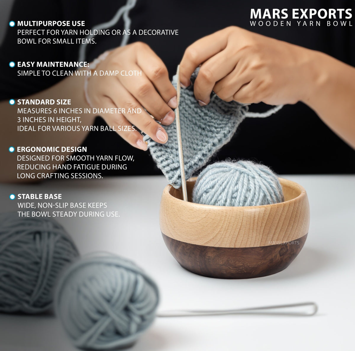 Layered wood yarn bowl with smooth yarn-feed opening, 6 × 3 inches