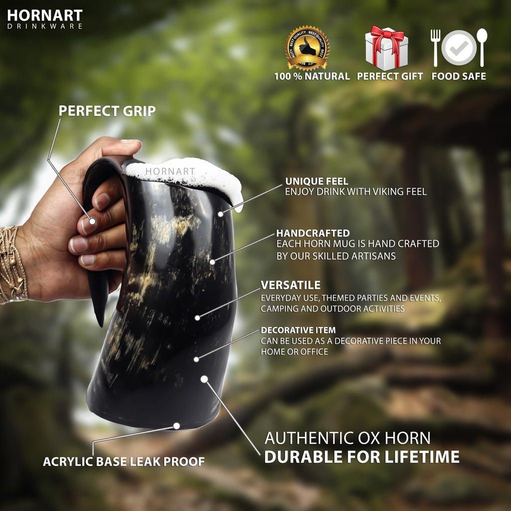 Natural Ox Horn Viking Mug Set with Shot Glass & Bottle Opener – 16–20 oz