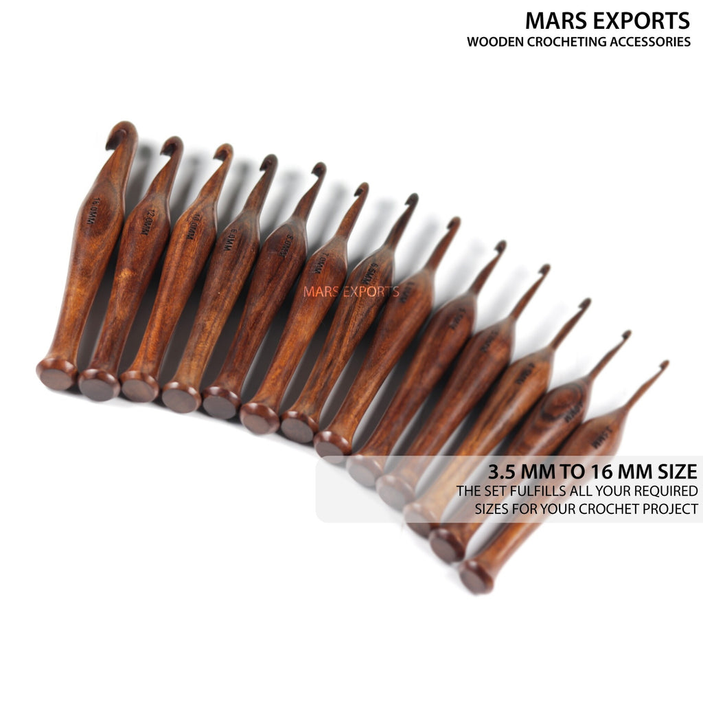 Assorted wooden crochet hooks included in the 13-piece rosewood set