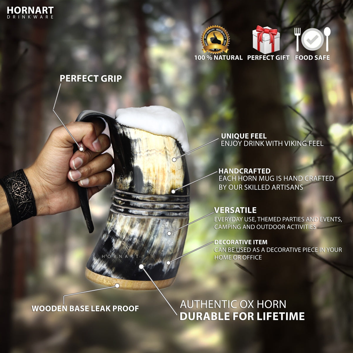 Natural ox horn Viking mug features with wooden display base