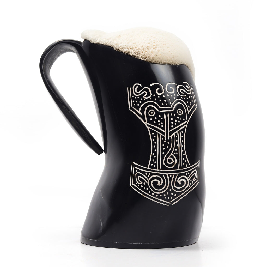 Natural Ox Horn Thor Viking Mug Set with Shot Glass & Bottle Opener – 16–20 oz