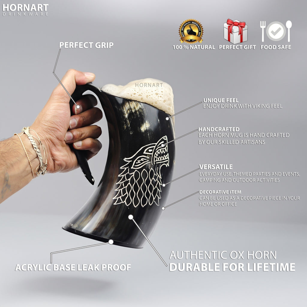 Natural ox horn Viking mug features and handcrafted wolf artwork