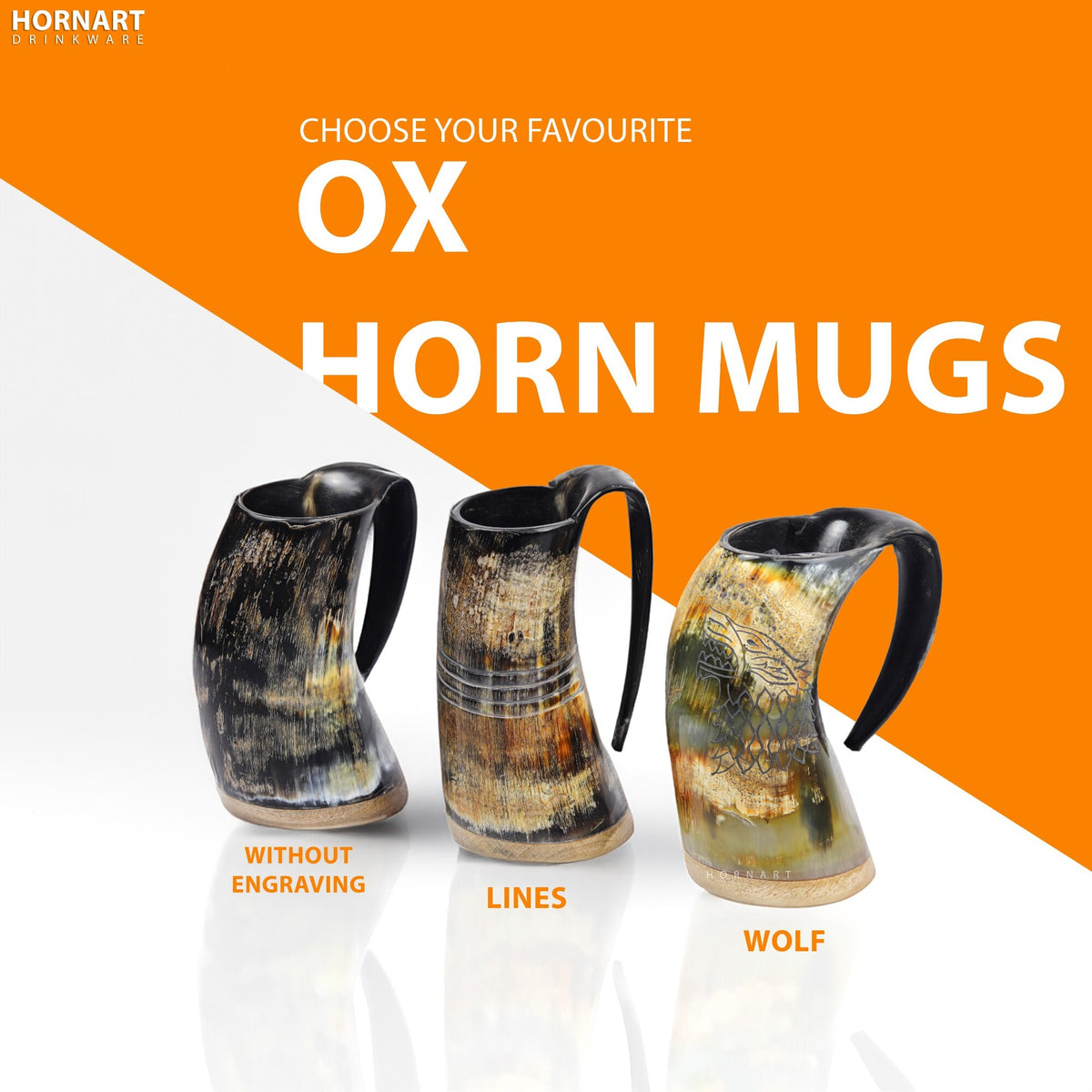 Unique colour, grain and shape variations in natural ox horn mugs
