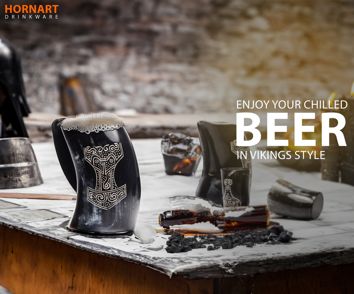 Natural Ox Horn Thor Viking Mug Set with Shot Glass & Bottle Opener – 16–20 oz