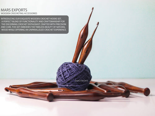 Handcrafted rosewood crochet hooks arranged around a purple yarn ball