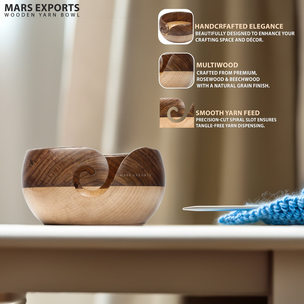Handcrafted Multiwood Yarn Bowl for Knitting & Crochet – Multicolor Design 2, 6 × 3 in