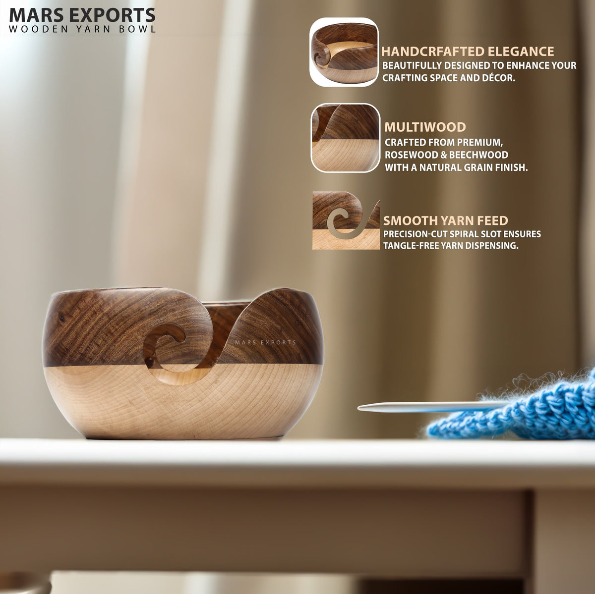 Handcrafted Multiwood Yarn Bowl for Knitting & Crochet – Multicolor Design 2, 6 × 3 in