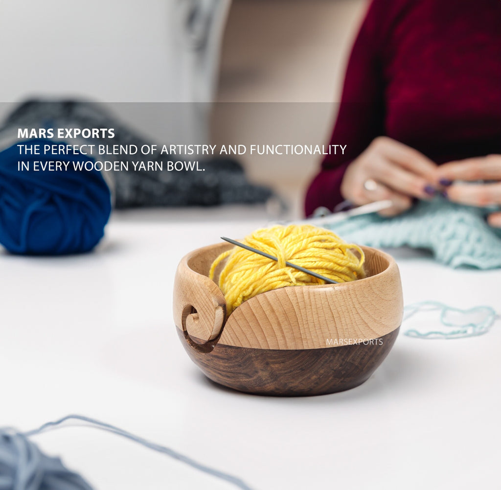 Multicolor wooden yarn bowl keeping a yarn ball controlled while crafting