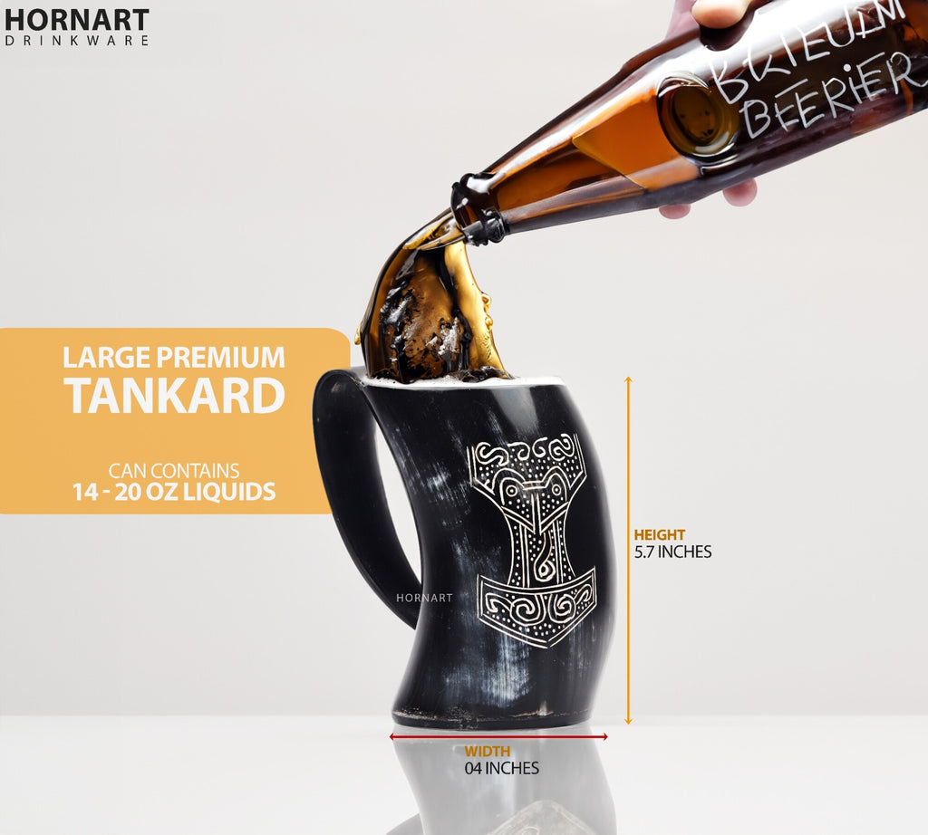 Natural Ox Horn Thor Viking Mug Set with Shot Glass & Bottle Opener – 16–20 oz