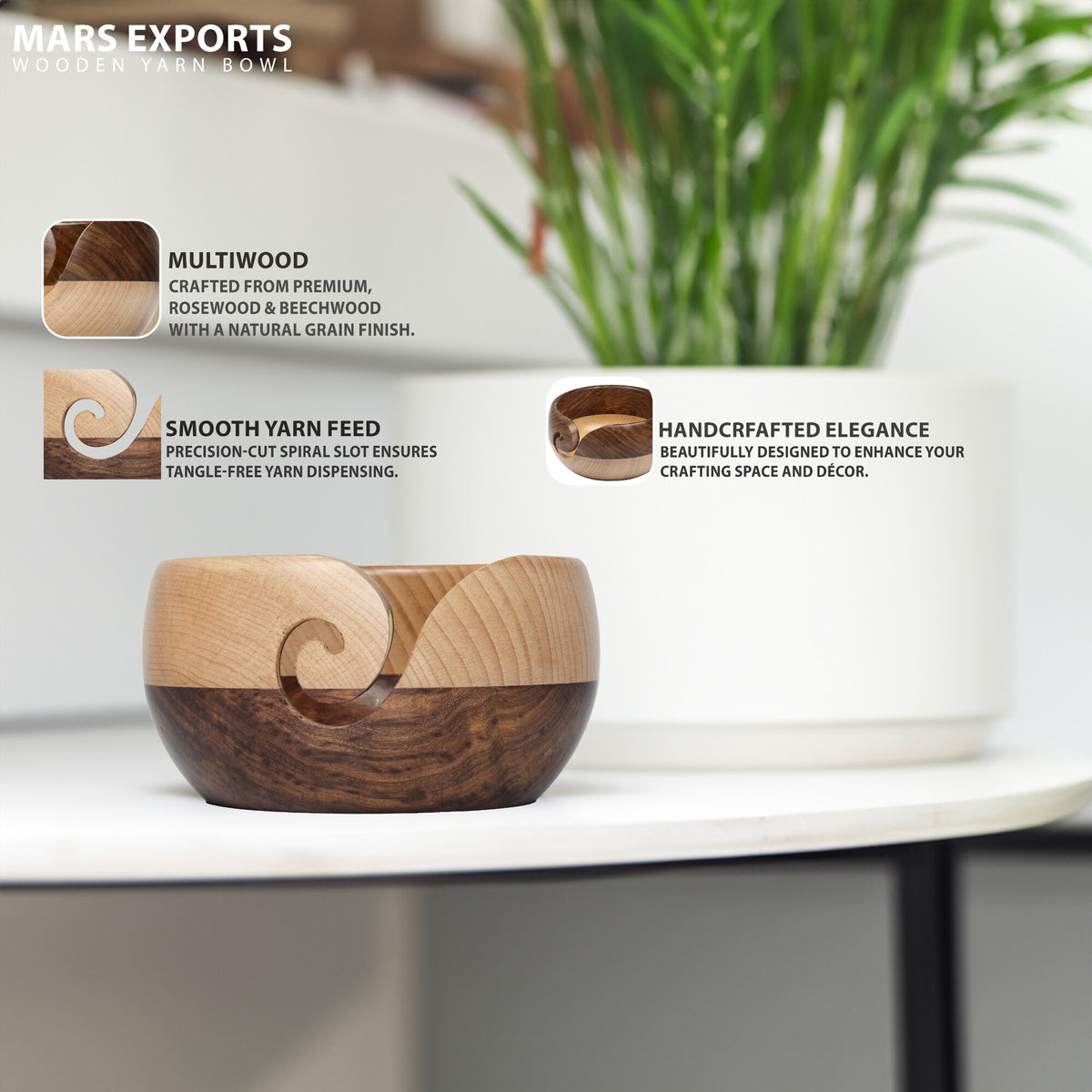 Handcrafted tabletop yarn bowl with contrasting layered wood tones
