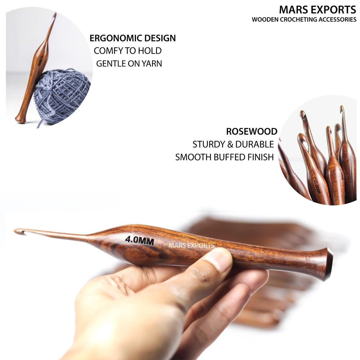 Close-up of a polished 4 mm rosewood crochet hook