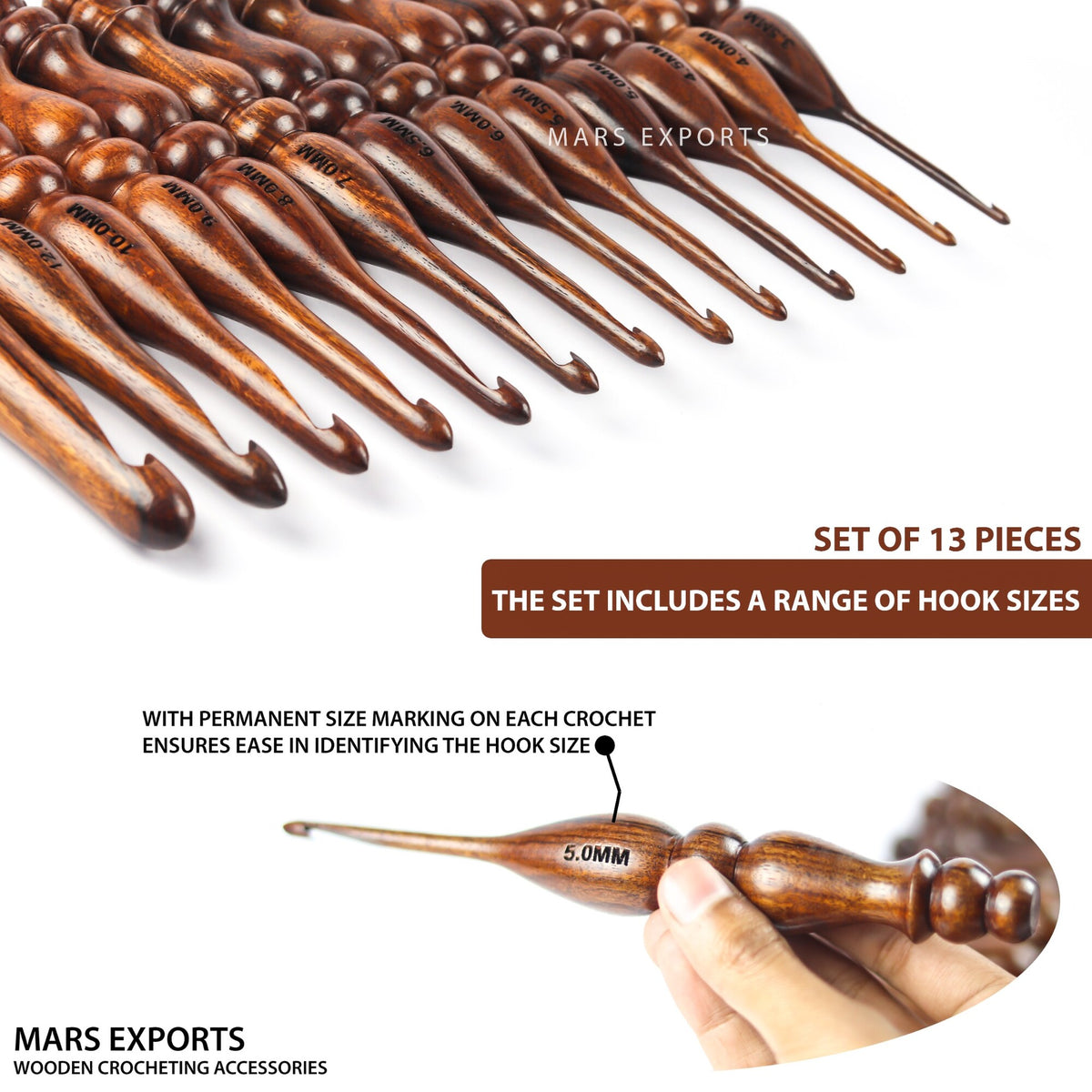 Premium 13-Piece Rosewood Crochet Hook Set – Smooth Wooden Hooks, Design 2