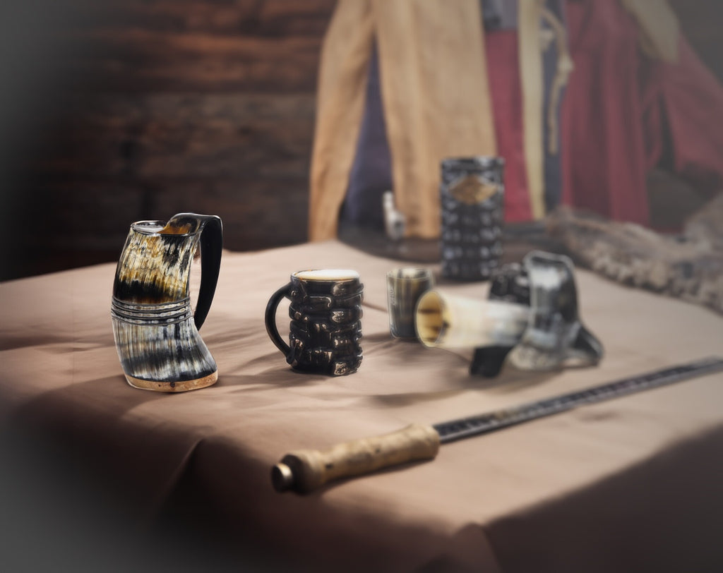 Line-design Viking horn mug for beer and mead in a themed setting