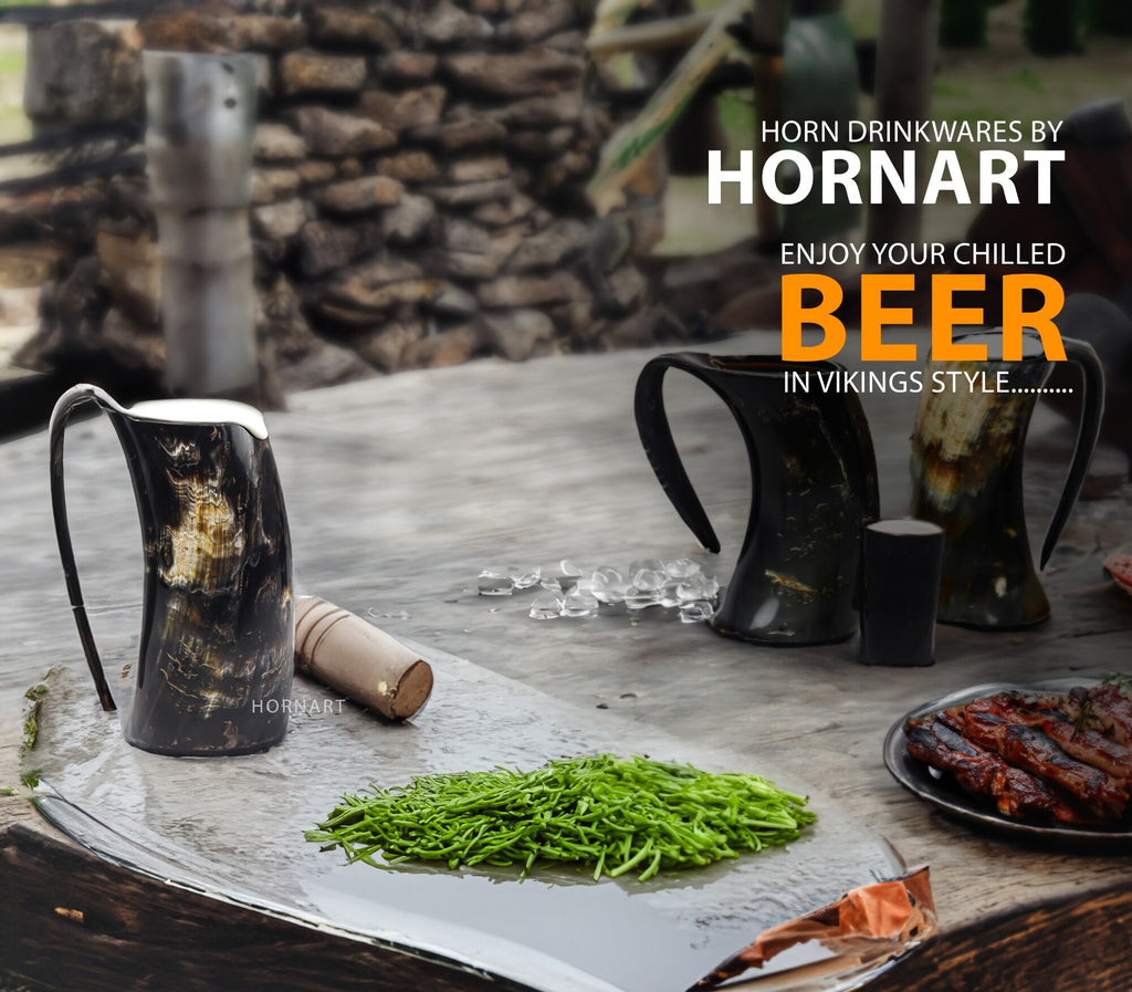 Natural Ox Horn Viking Mug Set with Shot Glass & Bottle Opener – 16–20 oz