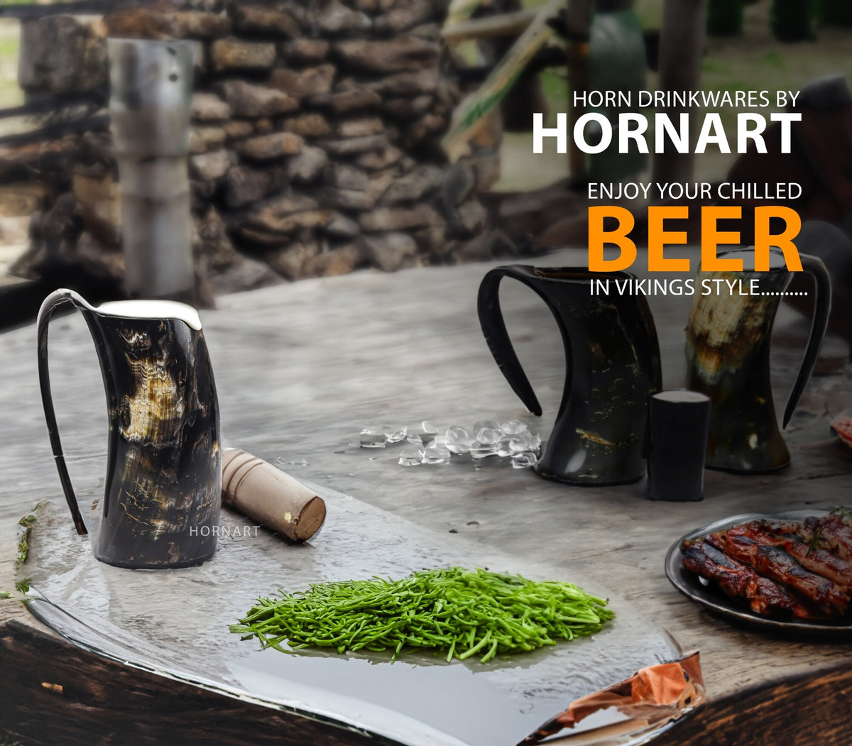 Natural Ox Horn Viking Mug Set with Shot Glass & Bottle Opener – 16–20 oz