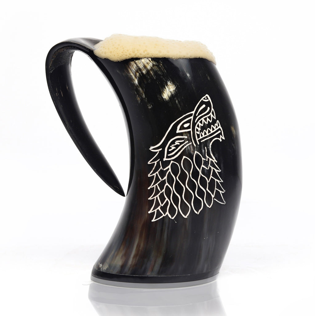 Handcrafted Wolf design natural ox horn Viking beer mug