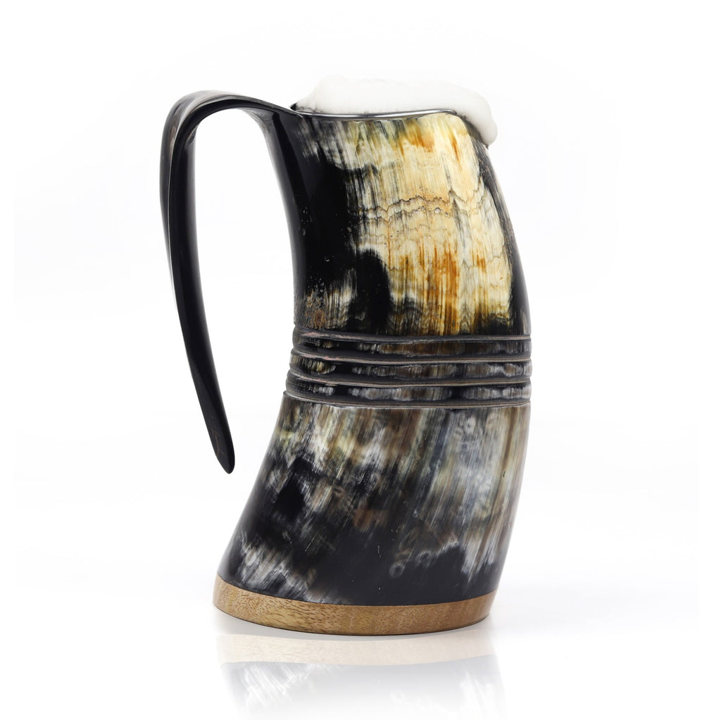 Natural-finish ox horn Viking mug with polished line design