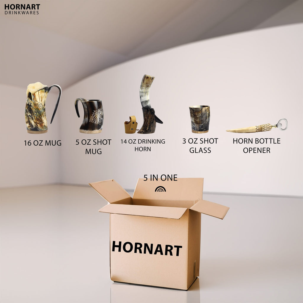Five-piece Viking horn drinkware gift set with mug, drinking horn, tequila cup, shot glass and bottle opener