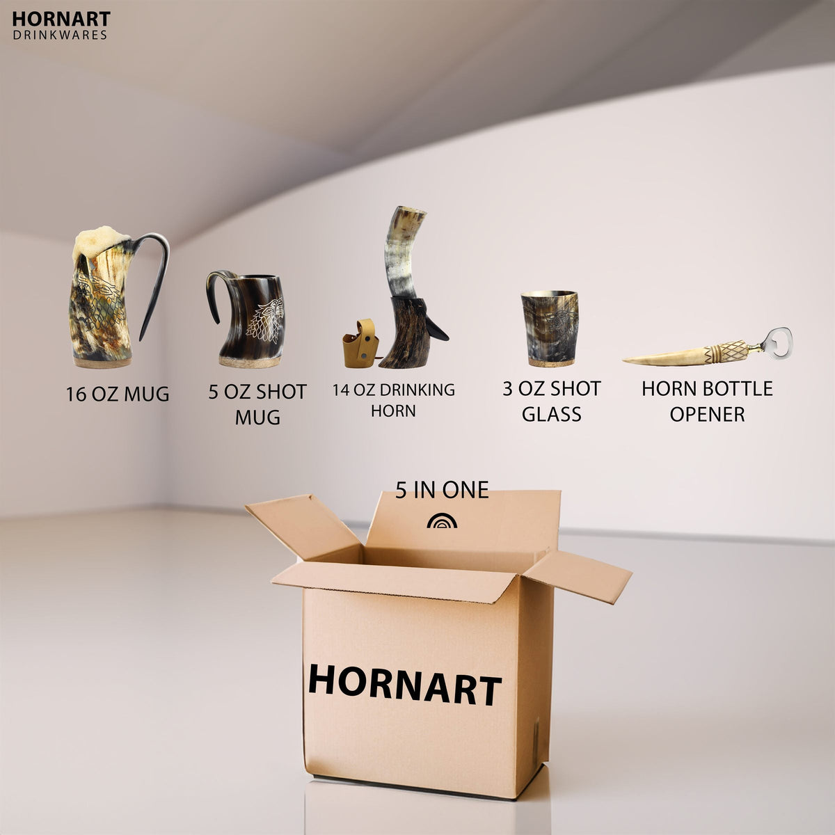 Five-piece Viking horn drinkware gift set with mug, drinking horn, tequila cup, shot glass and bottle opener