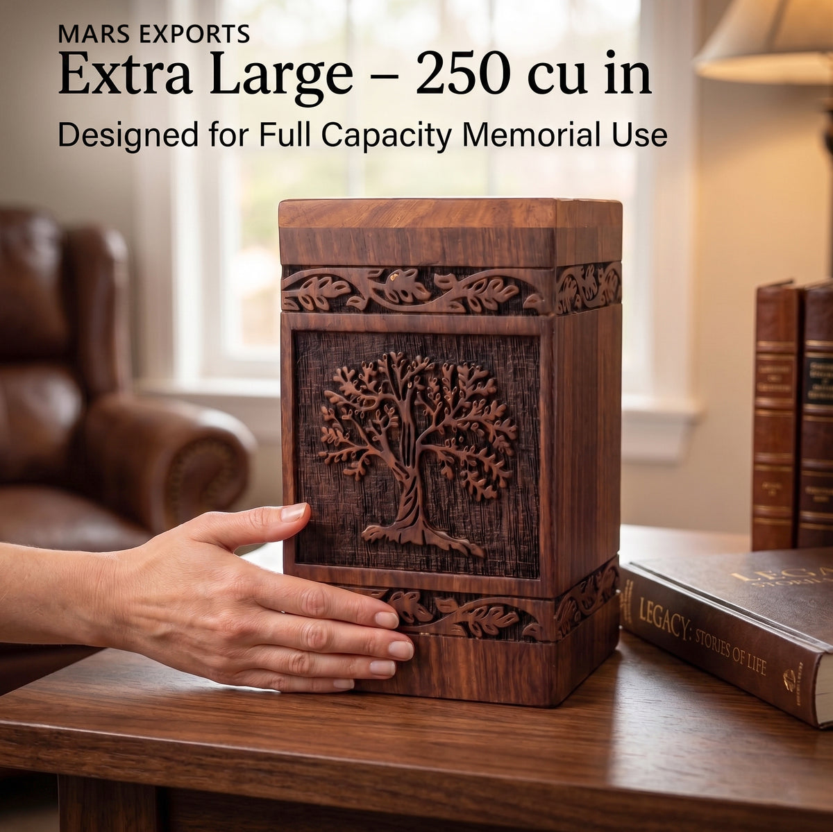 Wooden 250 cu in memorial urn displayed as a dignified remembrance piece