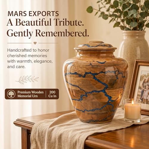 Large adult wood and blue resin cremation urn for ashes