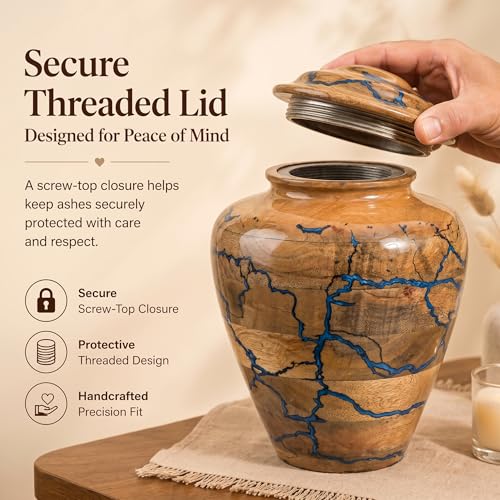 Handcrafted blue resin wooden urn approximately 10 inches high