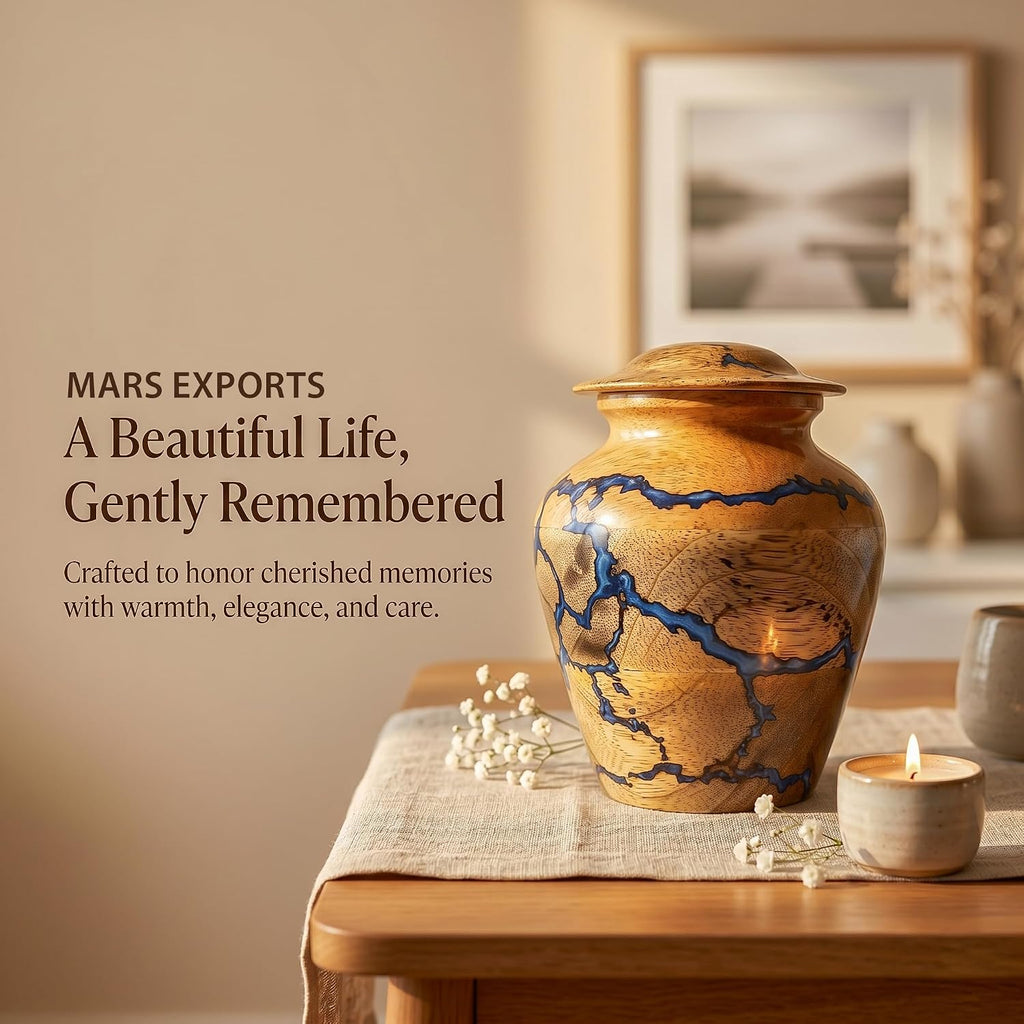 MARS EXPORTS small wooden keepsake urn with blue resin 3