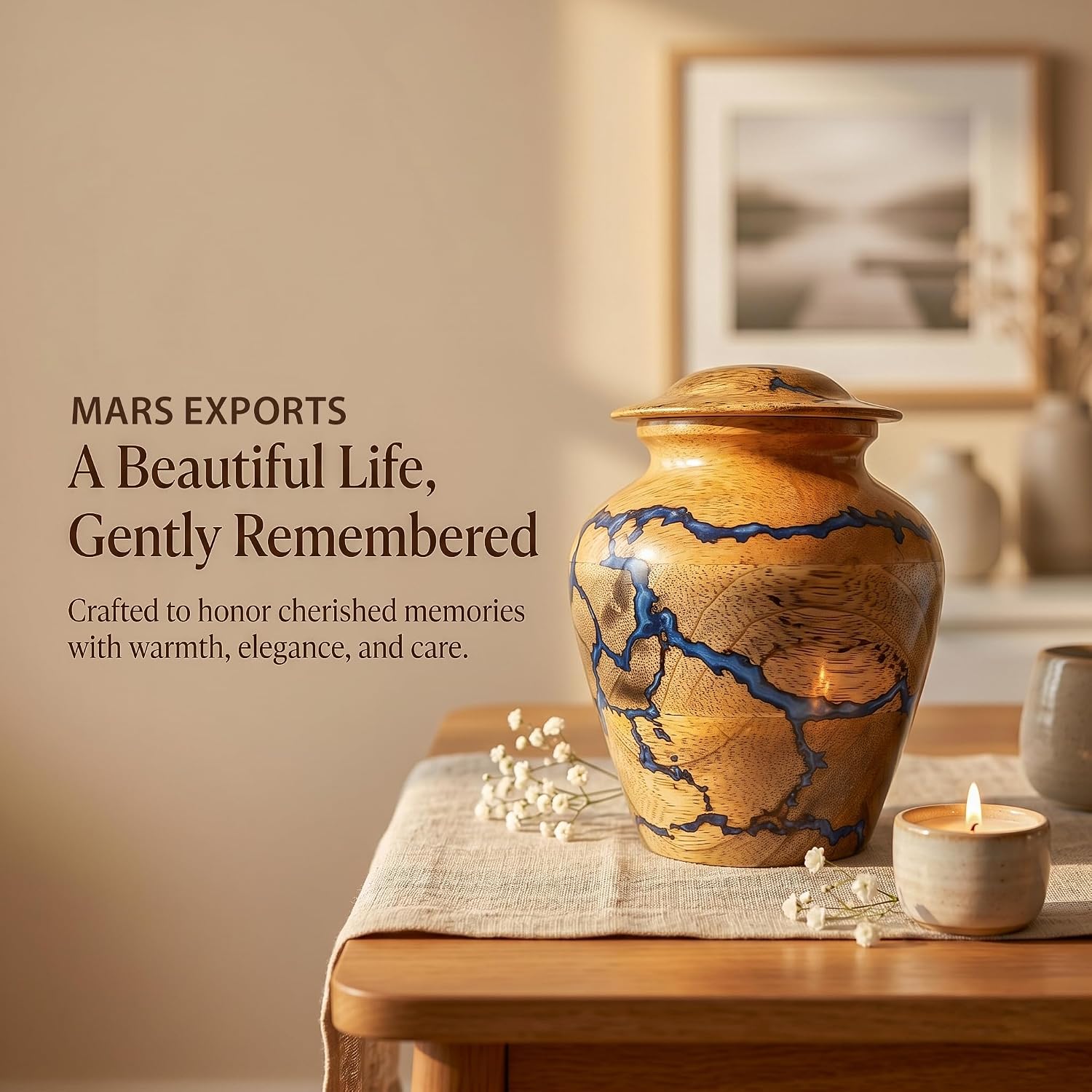 MARS EXPORTS small wooden keepsake urn with blue resin 3