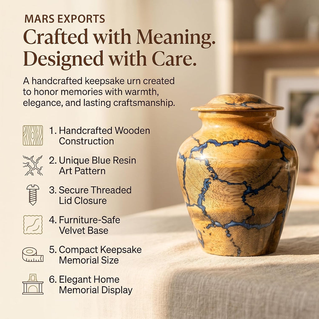 MARS EXPORTS small wooden keepsake urn with blue resin 4