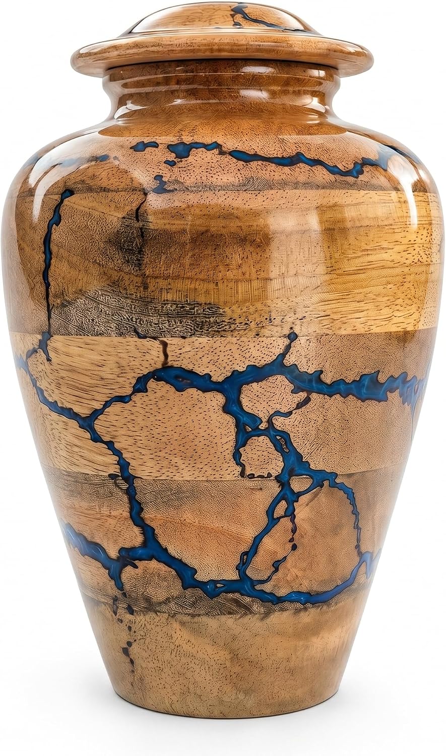 MARS EXPORTS 60 cubic inch wooden urn with blue resin on white background