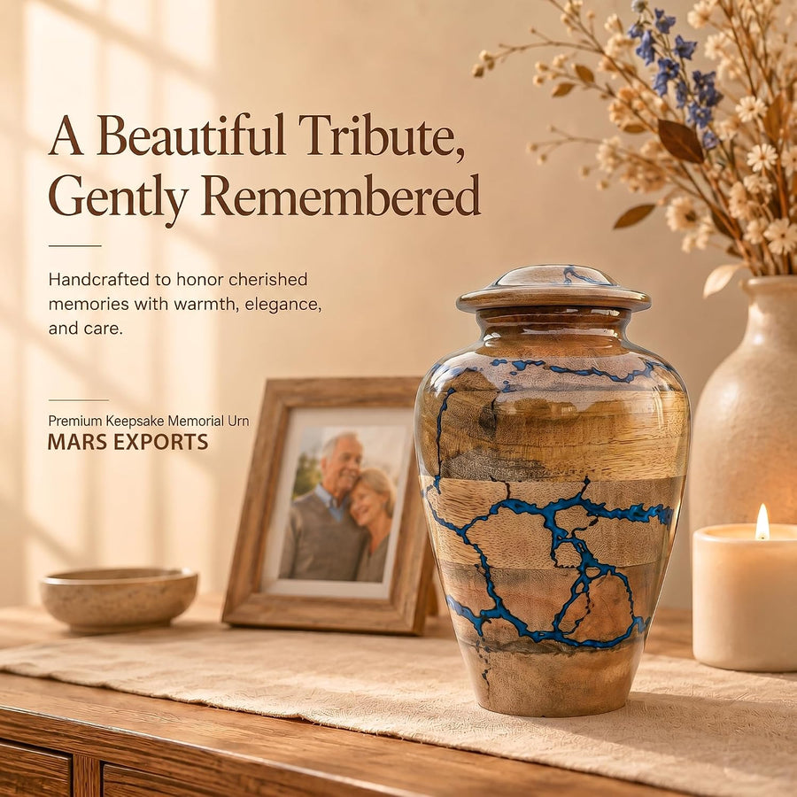 60 Cu In Wooden Keepsake Urn with Blue Resin