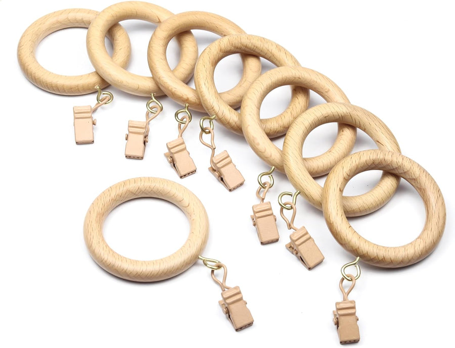 Natural beechwood curtain rings with clips
