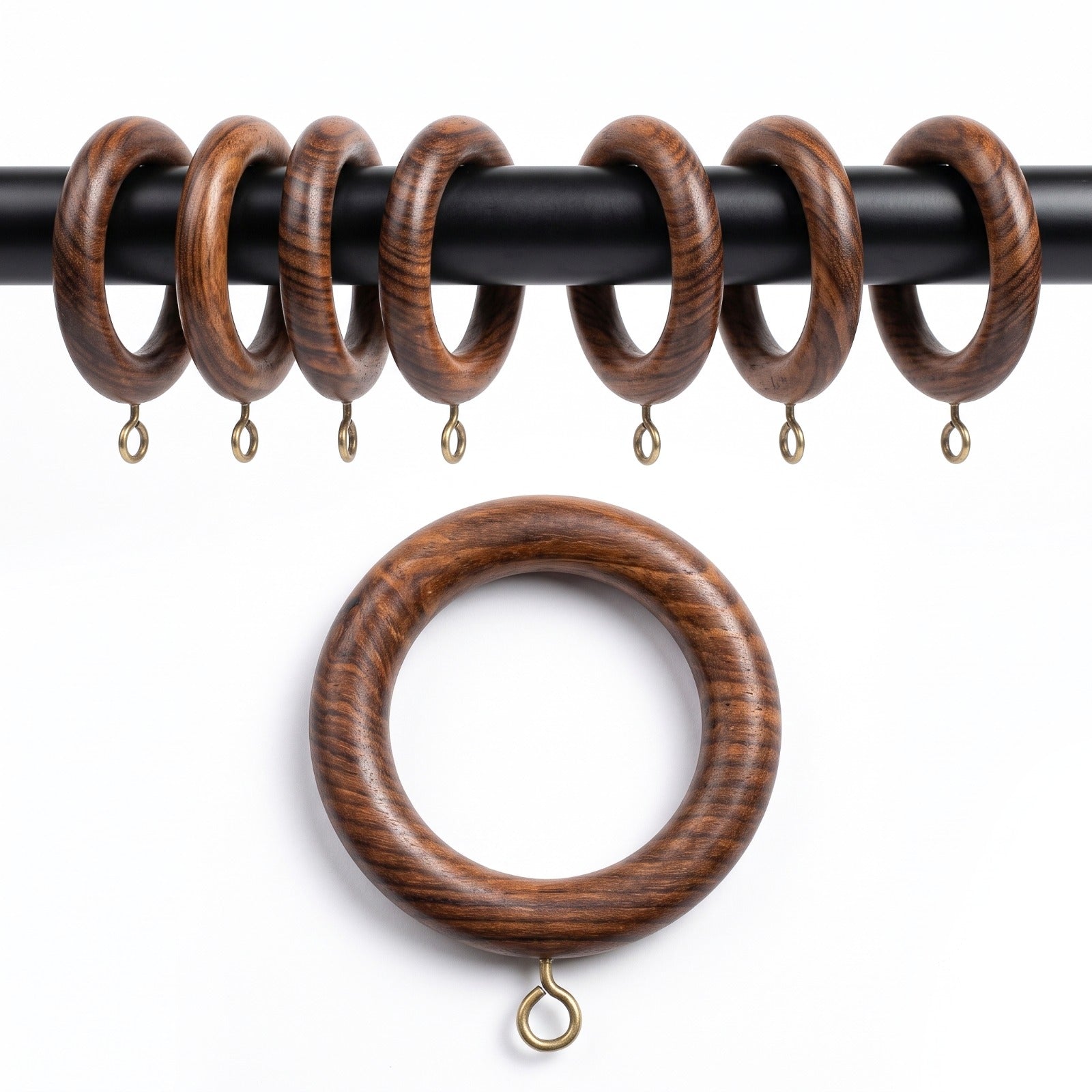 Natural rosewood wooden curtain rings with brass eyehooks, without clips