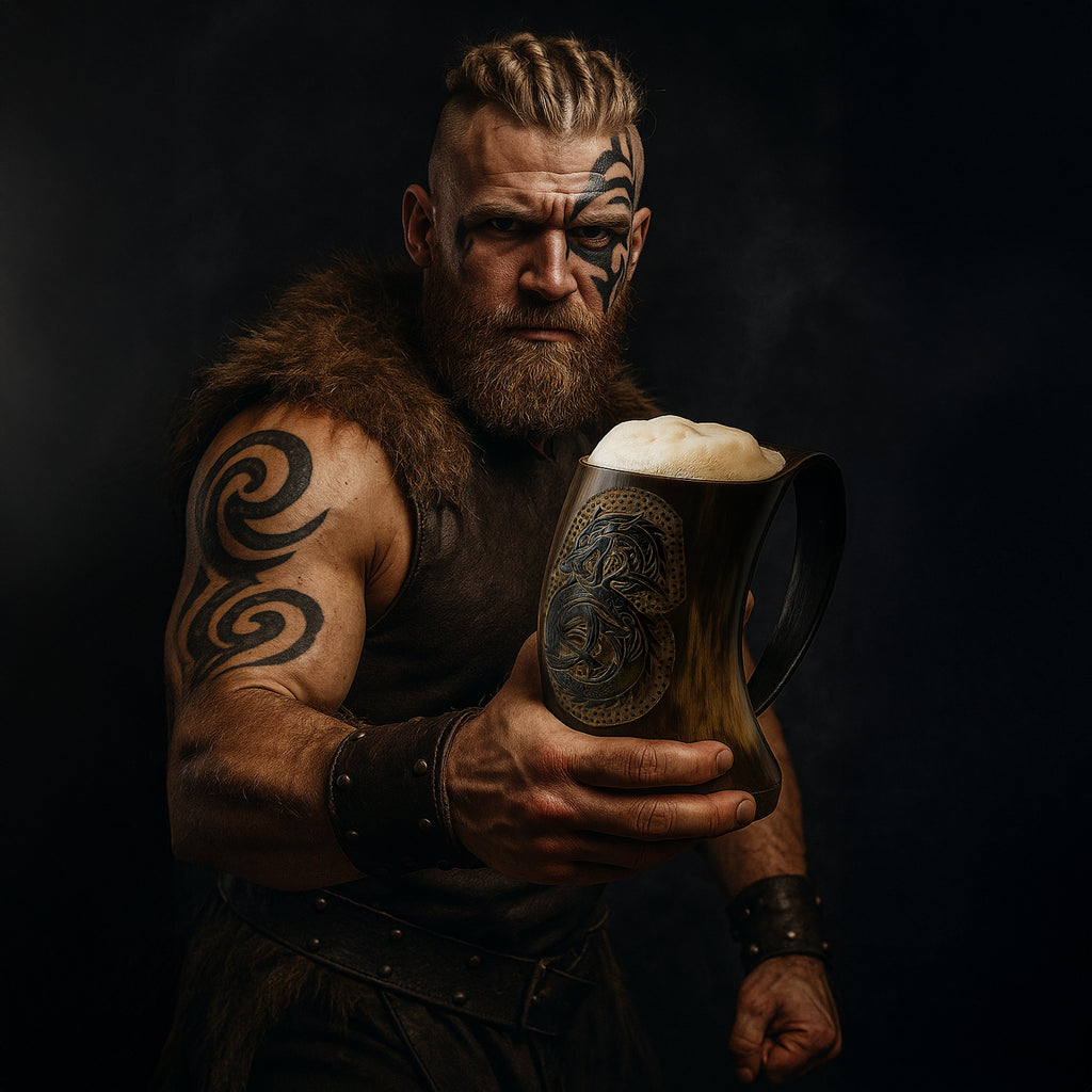 Large 28 oz dragon Viking natural ox horn mug – product view 8