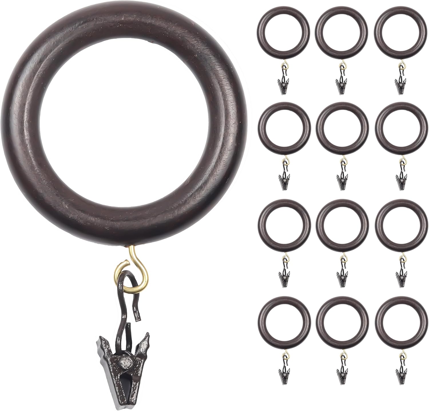 Retro brown wooden curtain rings with matching clips