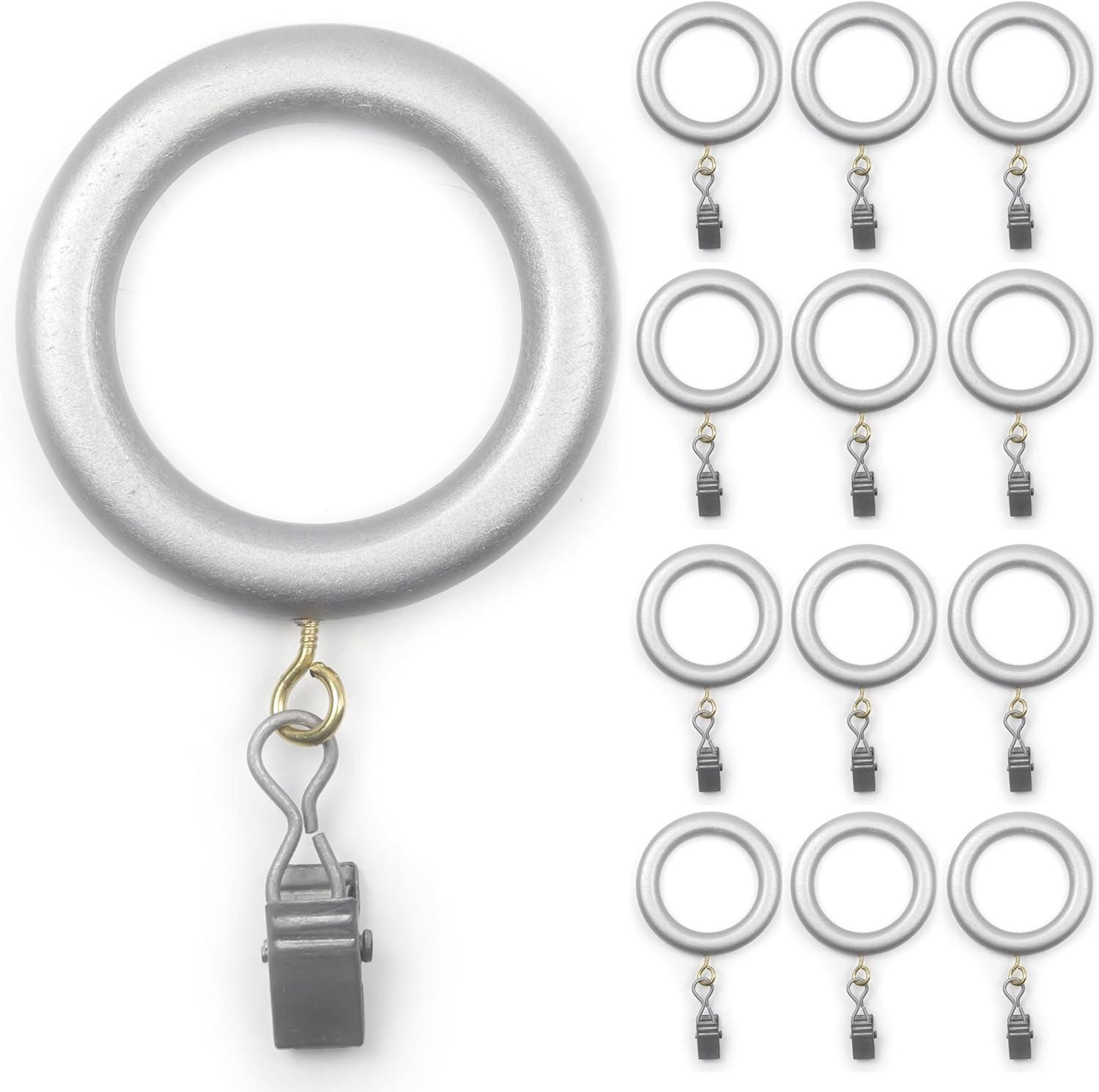 Silver wooden curtain rings with matching clips