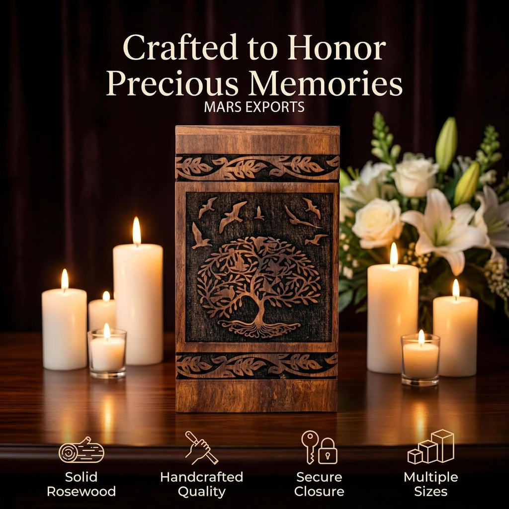 Tree of Life and birds memorial urn with natural rosewood grain