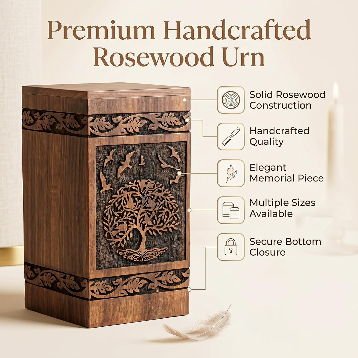 Nature-inspired rosewood urn for ashes with flying birds design