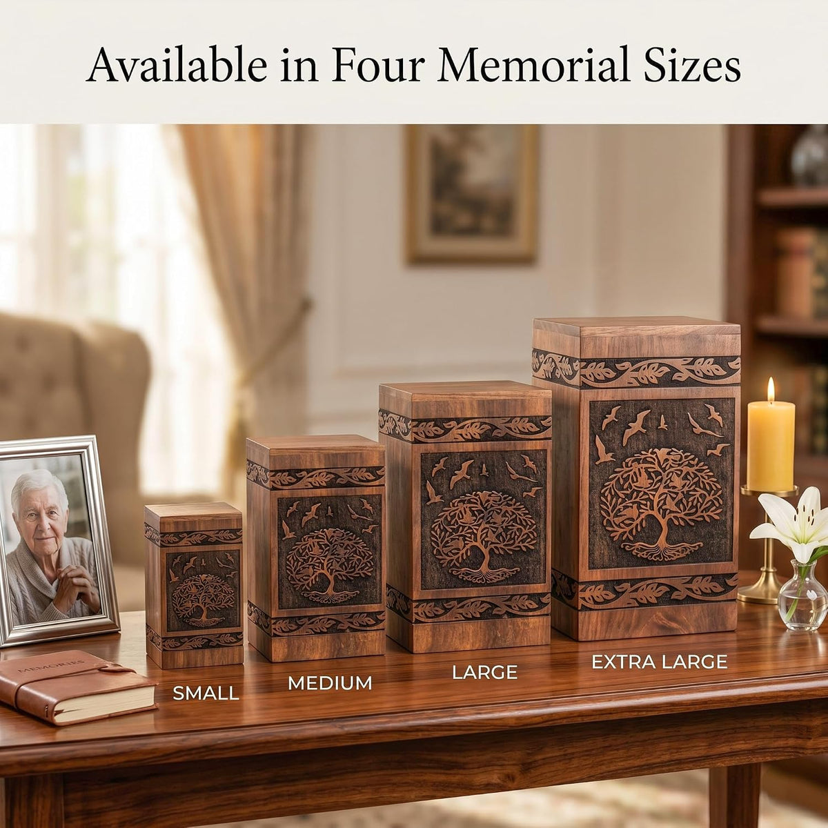 Large wooden memorial urn for funeral or celebration of life
