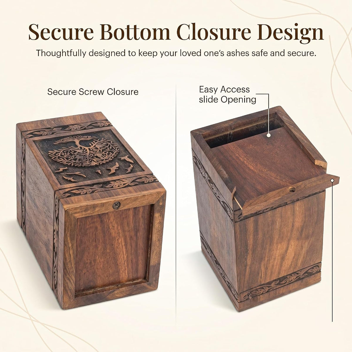 Handcrafted rosewood cremation urn with decorative Tree of Life motif