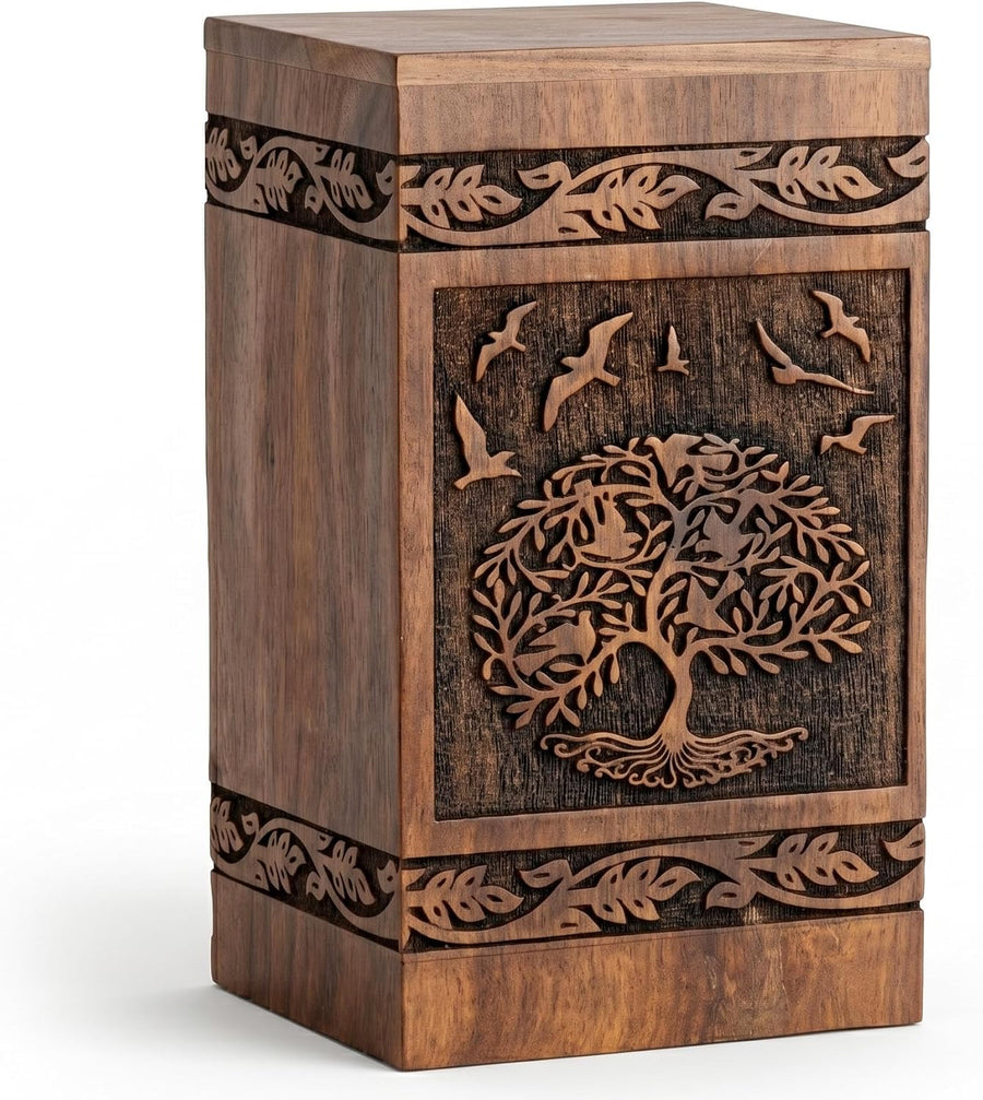 Medium Wooden Urn for Human Ashes – Tree of Life with Birds – 115 Cubic Inches
